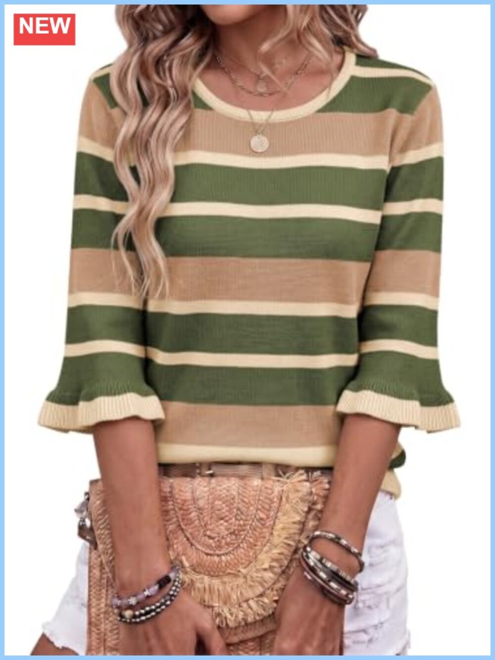 Womens 3/4 Sleeve Striped Crewneck Knit Sweater Pullover